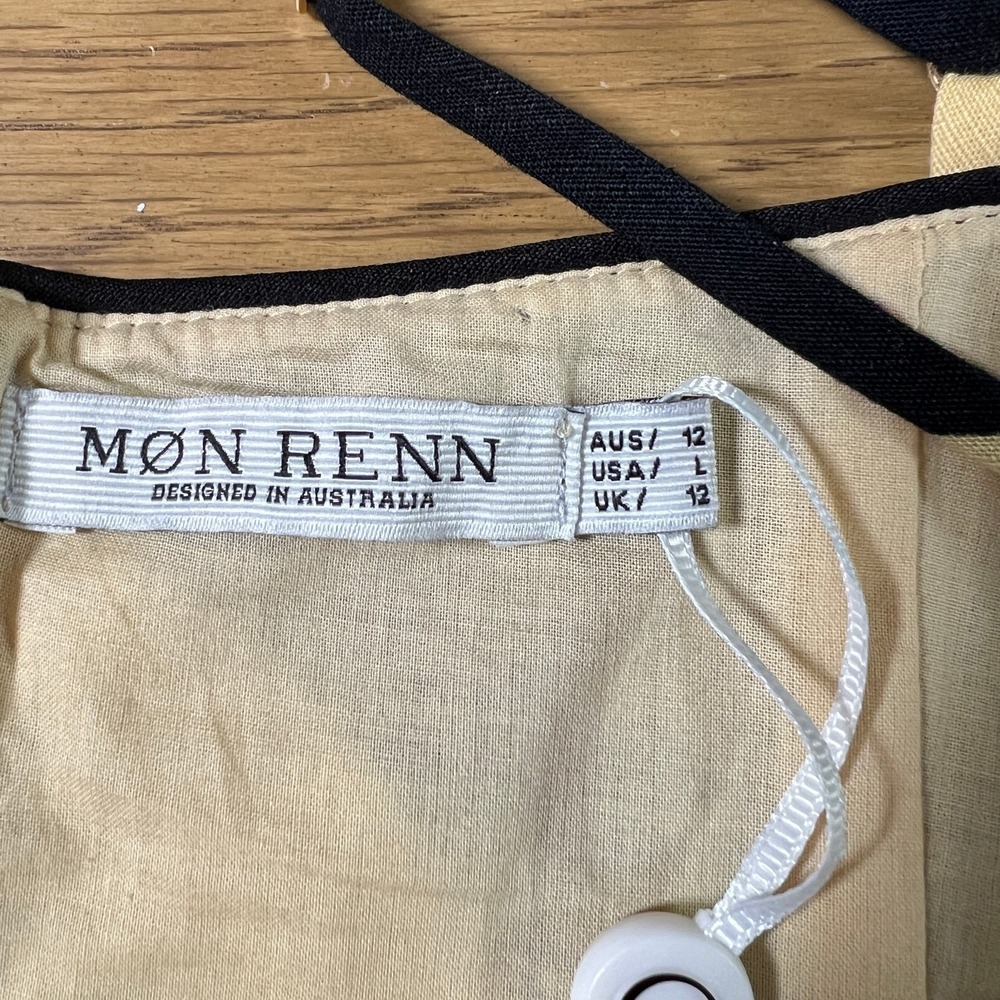 Mon Renn Boho Maxi Dress Sz L Yellow Black Cotton Drop Waist Resort Luxe - Picture 4 of 6
